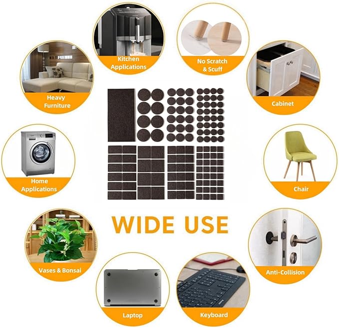 Felt Furniture Pads for Hardwood Floors 129 Piece, Furnigear Anti Scratches Felt Pads for Round, Square Chair Feet Self Adhesive Chair Felt Pads Sliders Moving Your Furniture Smoothly, Brown