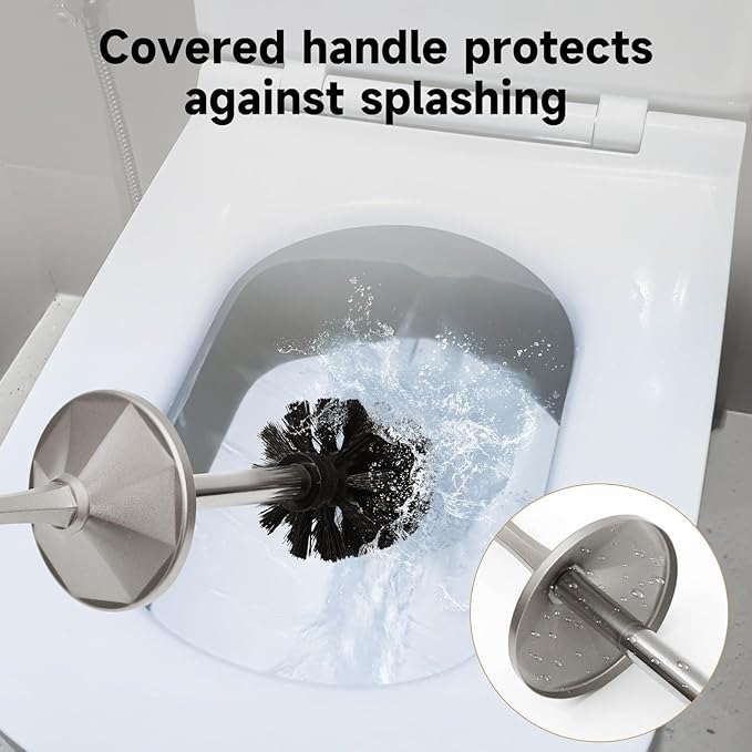 Stain Nickel Toilet Brush and Holder，Extra Long Handled Toilet Brush for Bathroom，Stainless Steel Heavy Duty Toilet Bowl Brush,Deep Cleaning Modern Toilet Cleaner Brush -Space Saving, Covered Brush