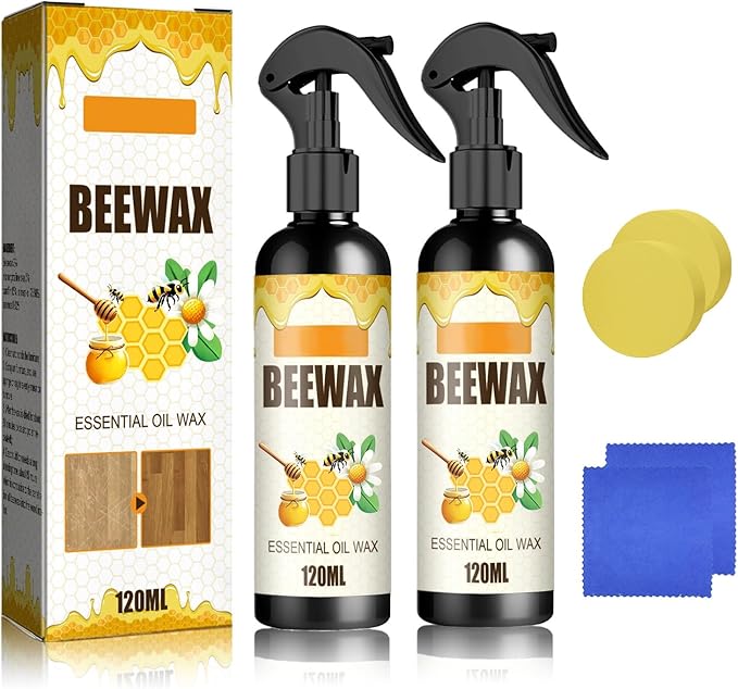 Beeswax Spray Cleaner with Sponge & Towel for Wood Furniture, Natural Beeswax Care For Wood Floors, Furniture, Tables, Cabinets (Lemon*2)