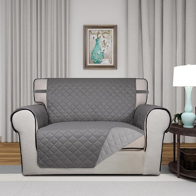PureFit Reversible Quilted Sofa Cover, Water Resistant Slipcover Furniture Protector, Washable Couch Cover with Non Slip and Elastic Straps for Kids, Dogs, Pets (Oversized Chair, Gray/Light Gray)