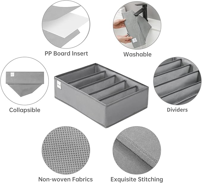 4 Packs T-shirt Drawer Organizers for Clothing,5 Grids Compartment Wardrobe Storage Box, Washable Clothes Organizer for Folded Clothes, T-shirt, Legging, Silk Scarve-Grey