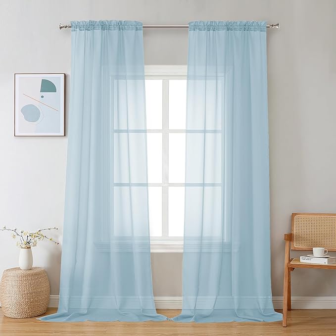 Chyhomenyc Sheer Sky Blue Curtains 90 inches Long 2 Panels, Light Filtering Soft Airy Solid Elegant Voile Window Treatment Drapes for Bedroom Living Room Wedding Party Decor, 42 Wx90 L Inches