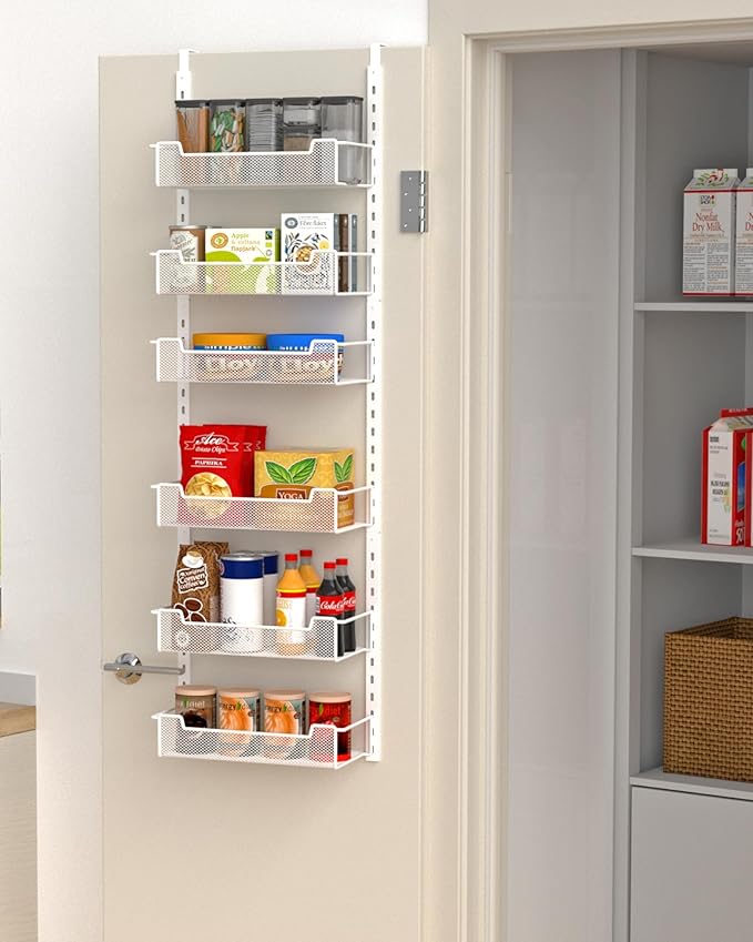 12.3" W Narrow Over the Door Pantry Organizer, 6-Tier Over the Door Organizer with Adjustable Basket, Pantry Door Organization for Pantry Kitchen Storage Room Spice Rack, White