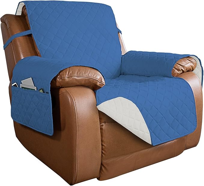 PureFit Reversible Quilted Sofa Cover, Water Resistant Slipcover Furniture Protector, Washable Couch Cover with Non Slip and Elastic Straps for Kids, Dogs, Pets (Oversized Recliner, Blue/Ivory)