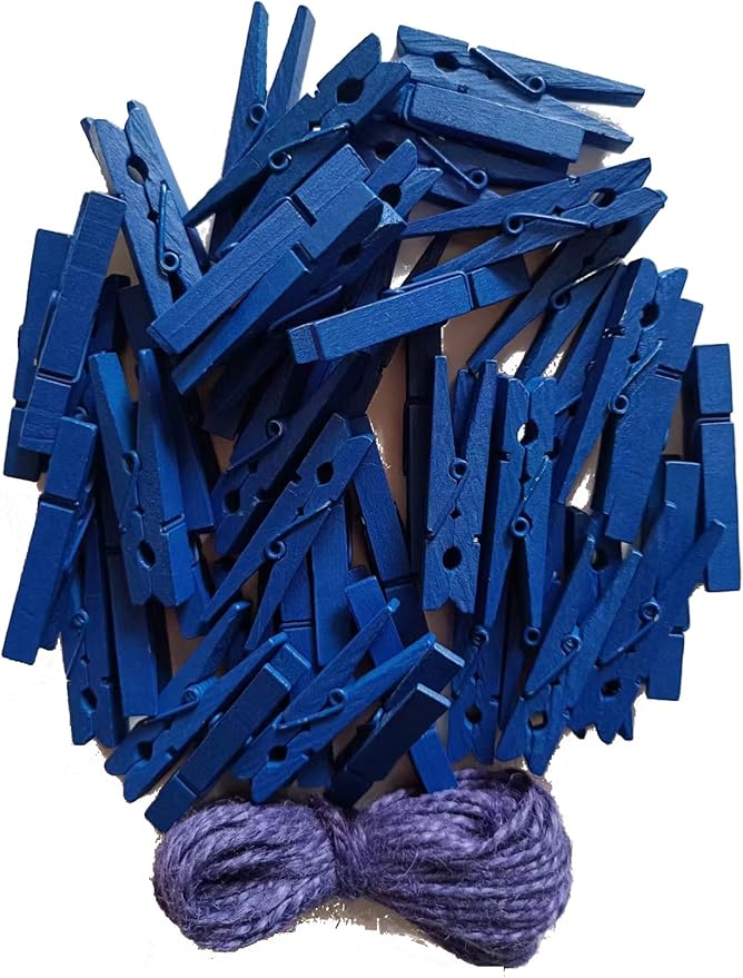 1.9 Inch Blue Clothespins Wall Decor Hang Pictures Artwork Kitchen Clips for Chip Bags with Sturdy Twine String Pack 50