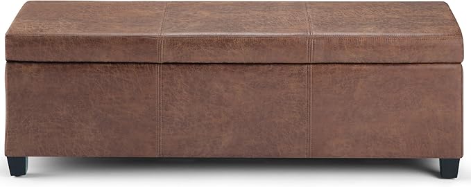 SIMPLIHOME Avalon 48 inch Wide Contemporary Rectangle Storage Ottoman Bench in Distressed Umber Brown Vegan Faux Leather, Assembled, For the Living Room, Entryway and Family Room