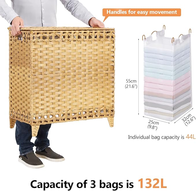 Laundry Hamper with 3 Removable Liner Bags; 132L Handwoven Rattan Laundry Basket with Lid & Heightened Feet; Clothes Hamper with Side Handles; Laundry Sorter with 3 Separate Sections (Natural)