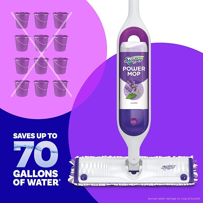 Swiffer Power Mop Refill Pack, Floor Cleaner for Mopping Tile, Vinyl, Laminate, Wood in Home, Bathroom, Kitchen, All Purpose Multi-Surface Cleaning, 5 Pads + 1 Lavender Solution