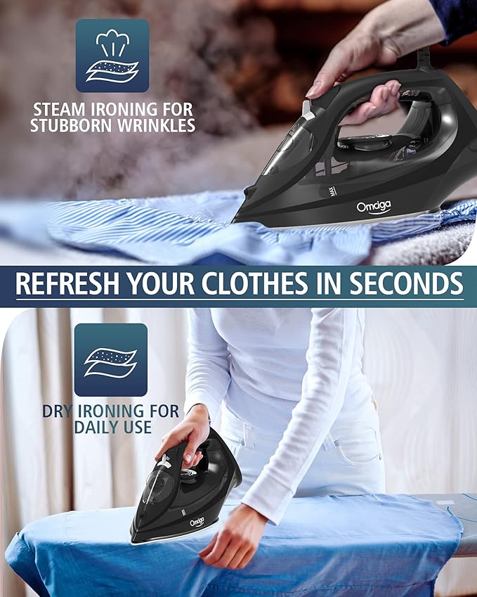 Steam Iron for Clothes, 1500W Iron with Rapid Heating, Non-Stick Ceramic Soleplate, Burst of Steam, Self-Cleaning, Auto-Off, Anti-Drip, 11.84oz Water Tank Ironing Clothes for Home, Black