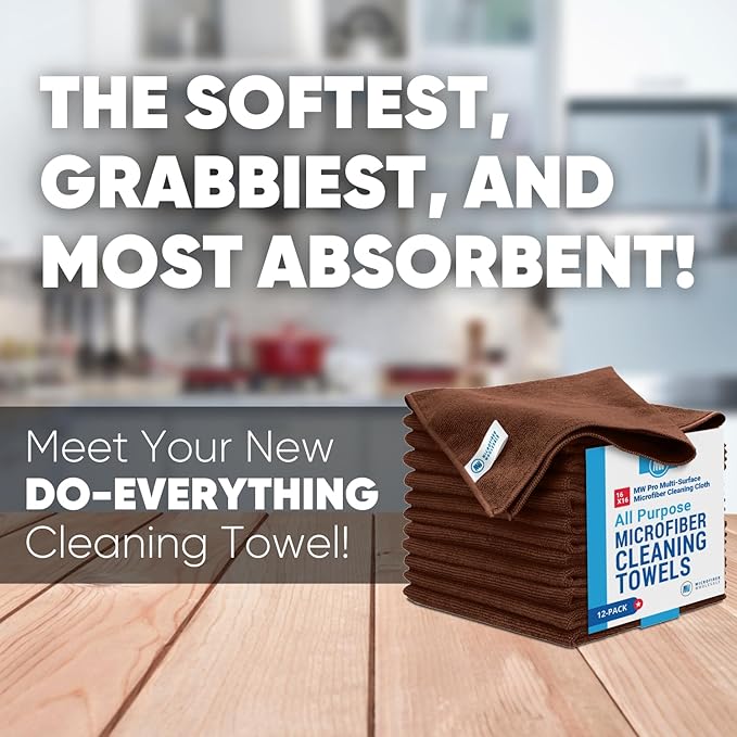 MW Pro Microfiber Cleaning Cloth | Brown | 12 Pack | 16” x 16” | Coffee, Barista, Espresso Towels - Clean, Dust, Polish, Scrub, Absorbent