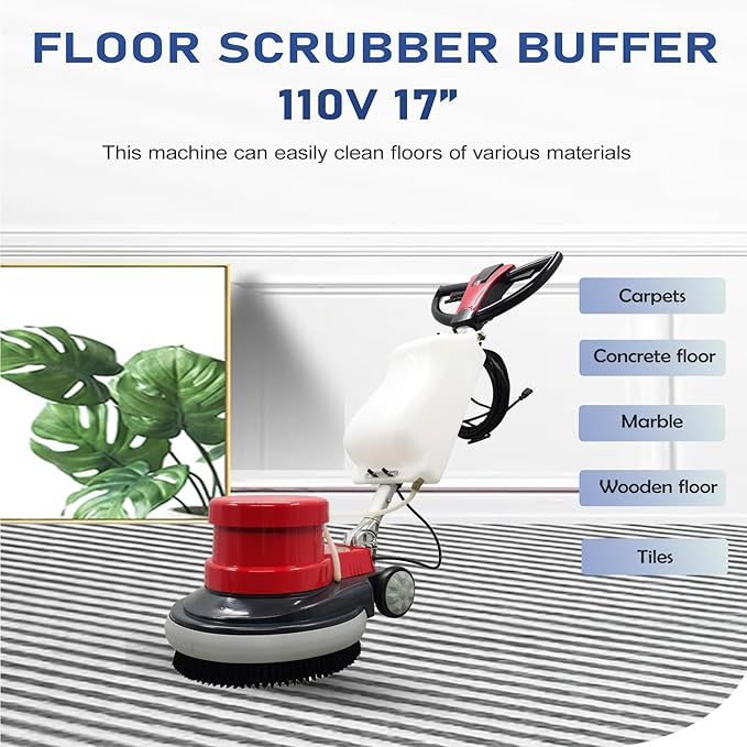 1100W Red Floor Polisher Commercial Floor Cleaner Polishing Machine Carpet Buffer Scrubber with 3gal Water Tank and 17" Base 154Rpm AC110V