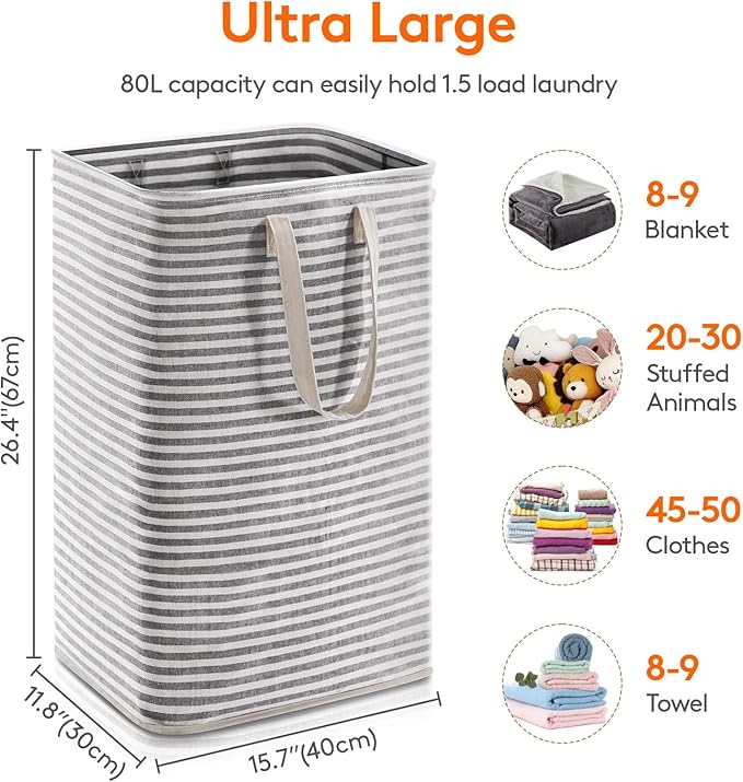 Lifewit Laundry Hamper Large Collapsible Laundry Basket, Freestanding Waterproof Clothes Hamper Storage with Easy Carry Handles for Clothes in Bedroom Bathroom College Dorm for Adults, Black, 80L