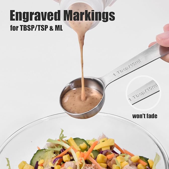 Doosu Measuring Spoons Set of 7-18/8 Stainless Steel Heavy Duty Teaspoons Tablespoons with Engraved Metric & US Measurements, Metal Measure Spoon for Dry and Liquid Ingredients, Dishwasher Safe