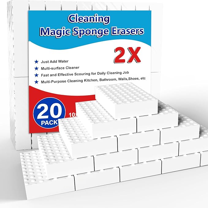 Magic Sponge Erasers, 20 Pack 2X Density Stronger Melamine Sponge Foam Pads, Multi-Functional Household Cleaning Supplies Cleaner for Kitchen, Bathroom, Bathtub, Sink, Wall Cleaner