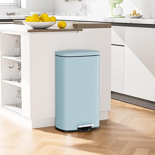Arlopu 8/13.2 Gallon Step Trash Can, Stainless Steel Garbage Bin, Soft-Close Rubbish Bin with Removable Plastic Inner Bucket, Fingerprint-Proof, Lid Dustbin, Suit for Kitchen (Tide Pool Blue, 30L)