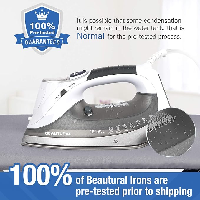 BEAUTURAL 1800-Watt Steam Iron with Digital LCD Screen, Double-Layer and Ceramic Coated Soleplate, 3-Way Auto-Off, 9 Preset Temperature and Steam Settings for Variable Fabric Gray