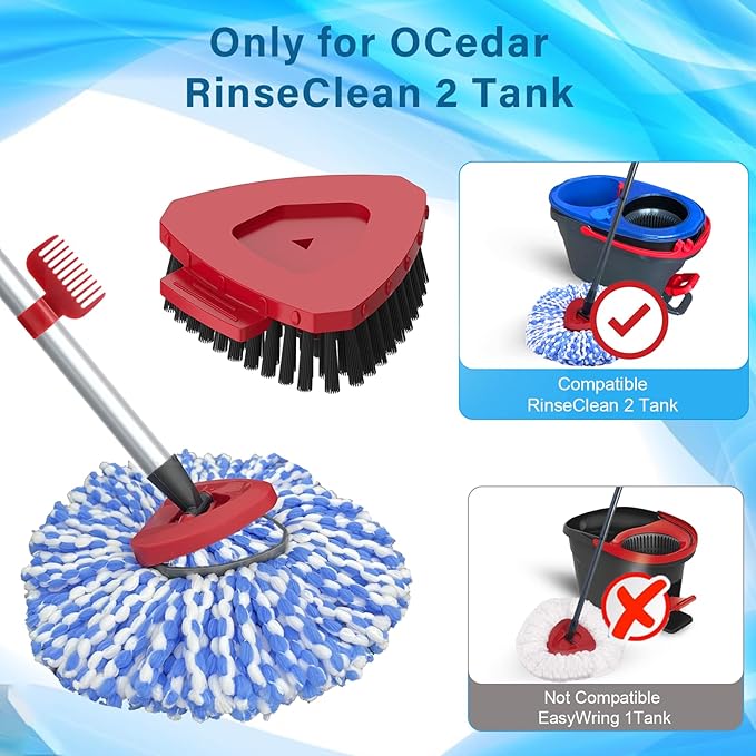 Spin Mop Head and Brush Replacement Compatible with O Cedar RinseClean 2-Tank System, 4 Mop Replace Heads, 1 Handle, 1 Base and 1 Scrub Brush Combo Set