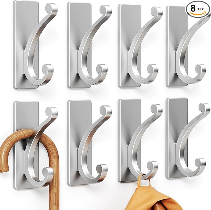 8-Pack Adhesive Wall Hook for Towel/Coat - Extra Sticky 10LB Stainless, Stick on Hanger for Bath or Shower, Matt Silver