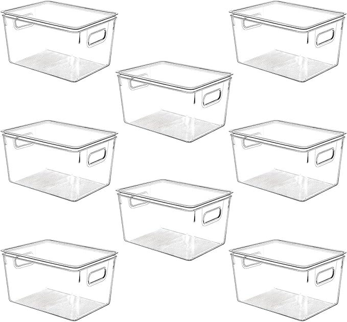 Clear Plastic Stackable Storage Bins with Lids, Pantry Organizers and Storage Containers Fridge Organizer Bins Kitchen Cabinet Organizer Bin for Organizing Under Sink Refrigerator Organization