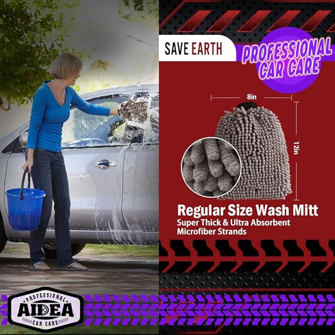 AIDEA Car Wash Mitt Microfiber-2Pack, Scratch-Free& Lint-Free, Premium Chenille Microfiber Wash Mitt-Grey Extra Large Size (8''X12'')