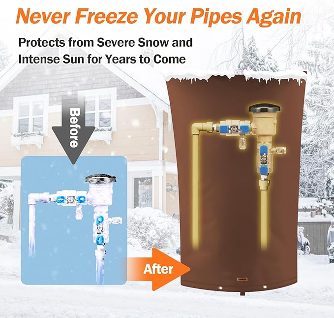 TOHONFOO Backflow Preventer Pipe Insulation Cover (5°F) - Irrigation Sprinkler Valve Insulated Pouch - Water Well Pump Cover - Sturdy 5 Layers for Winter Freeze Protection, 22" W x 34" H, Brown