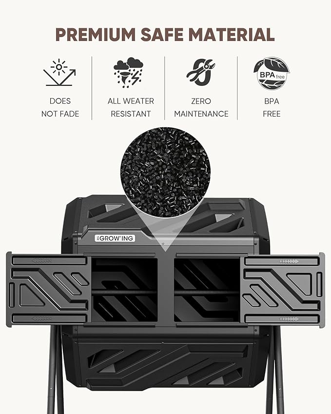 THEGROW'ING Updated 43 Gallon Compost Bin Outdoor, Fast Assemble Tumbling Composter, Dual Chamber Composter Tumbler, Rotating Compost Bin for Outside, Backyard, Garden and Yard, Black