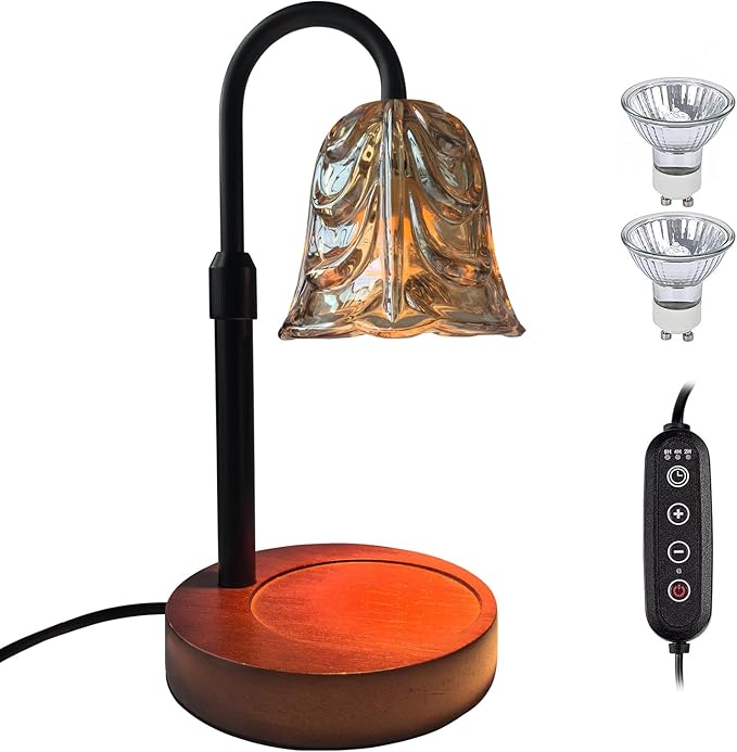 Candle Warmer Lamp with Timer and Dimmer - Adjustable Height Wax Melt Warmer, 4 Brightness Levels, 2/4/8H Timer, Wood Base & Glass Shade, Includes 2 GU10 Halogen Bulbs for Home Decor