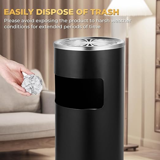 Trash Can Outdoor Waste Container Round Stainless Steel Trash Can with Removable Inner Bucket for Disposal Commercial Waste Container with Hollow Tray 9.8‘’ x 24‘’-Black