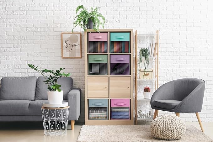 Sorbus 11 Inch Storage Bins with Clear Window - 6 Foldable Baskets for Organizing Clothes, Toys, Books - Sturdy Collapsible Fabric Storage Cubes with Handle - Storage Baskets for Shelves, Closets