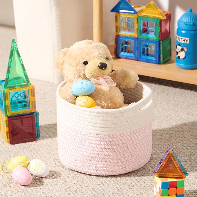 Small Basket for Organizing | Cube Shelf Closet Storage Baskets | 9.7×9.7×7.1” | Woven Rope Gift Basket | Nursery | Round 3 Packs Pink