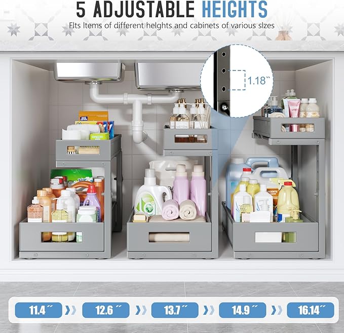 1 Pack 17IN Depth Under Sink Storage Organizer, Large 2-Tier Elegant Mesh Pull Out Shelf for Kitchen and Bathroom Cabinet Organization, L-Shaped and Adjustable Height Design-Gun Gray