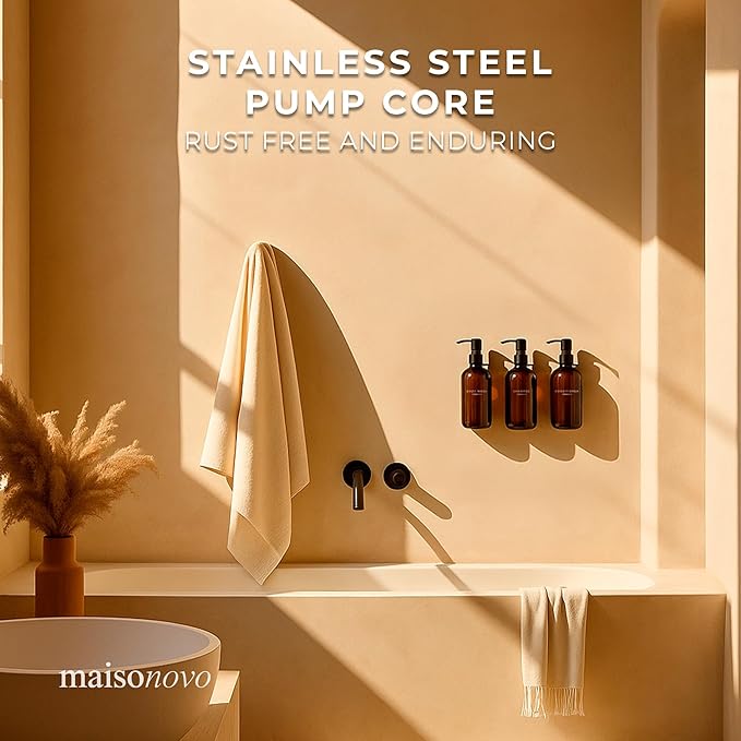 MaisoNovo Shampoo and Conditioner Dispenser - Shower Soap Dispenser Wall Mounted - 16.9 fl oz Set of 3 Amber Plastic Bottles Black Pump - 3 Chamber No Drill