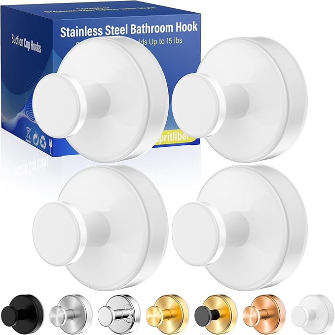 Suction Cup Hooks for Shower,Removable No Drill Towel Hooks,Upgraded 15 lbs Strong Suction hooks for Bathroom Tile,Shower Wall,Glass Door,Kitchen-Loofah,Coat,Stainless Waterproof-White 4 Pcs