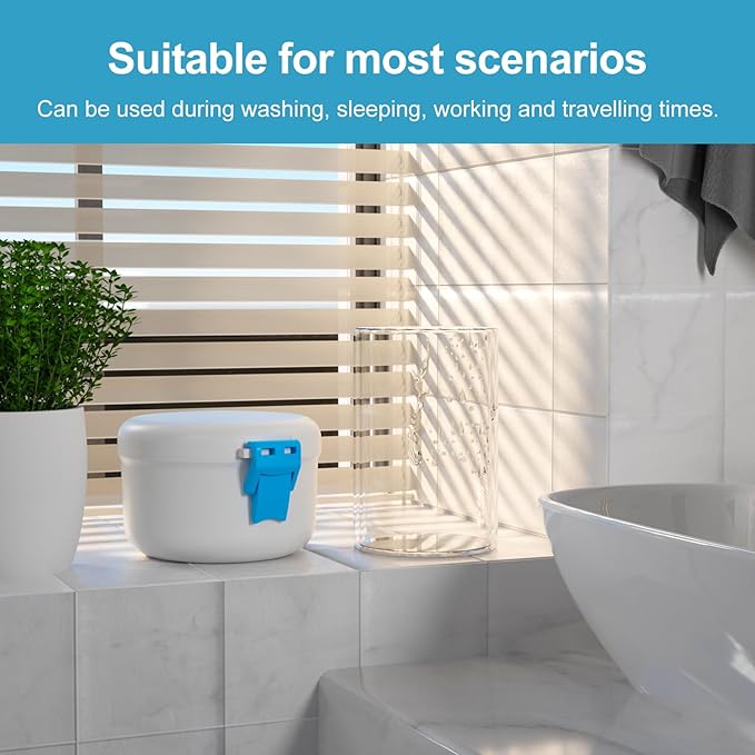 BVN Leak-Proof Denture Bath Cup for Travel, Denture Cup for Soak Dentures, Retainer Cleaning Case with Strainer (White + Blue)
