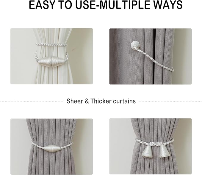 Magnetic Curtain Tiebacks 2 Pack Outdoor Rope Curtain Tie Backs Decorative Window Treatment Holdbacks for Home Decorative Curtain, White