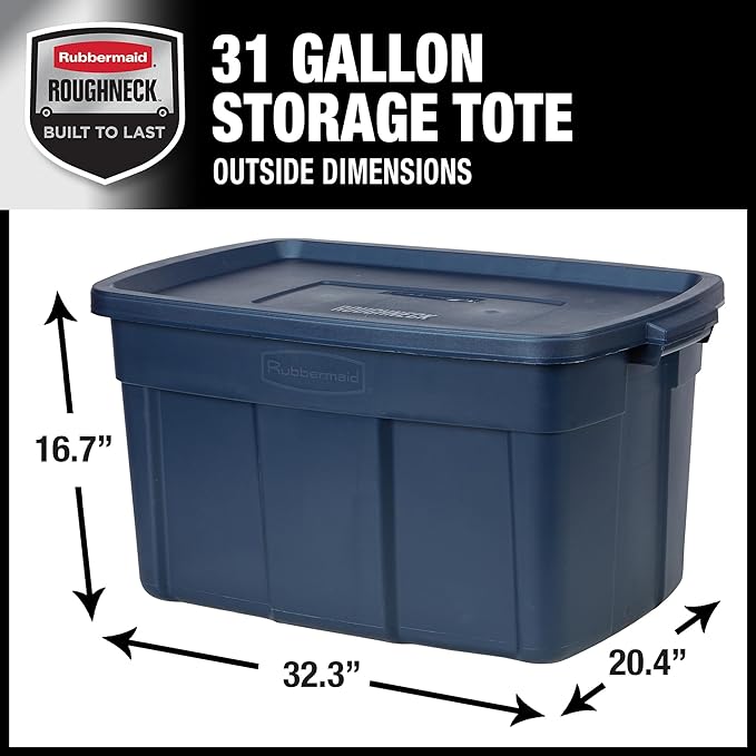Rubbermaid Roughneck Tote 31 Gal, 3 Pack, Made in USA, Dark Indigo Metallic, Rugged Plastic Stackable Storage Bins with Lids and Handles