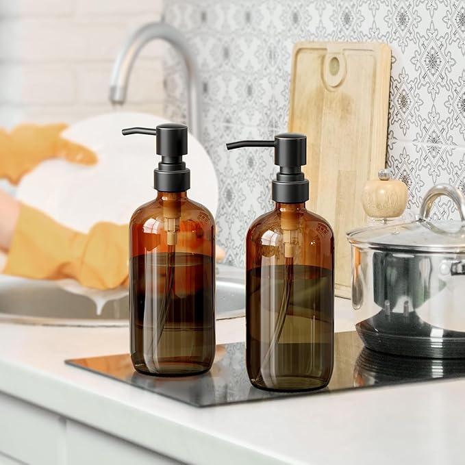 AmazerBath Amber Glass Soap Dispensers, 2 Glass Amber Pump Bottles, 17 Oz Dish Soap Dispenser, Kitchen Bathroom Hand Soap Dispensers for Hand Sanitiser, Shampoo, Lotion, Shower Gel Conditioner