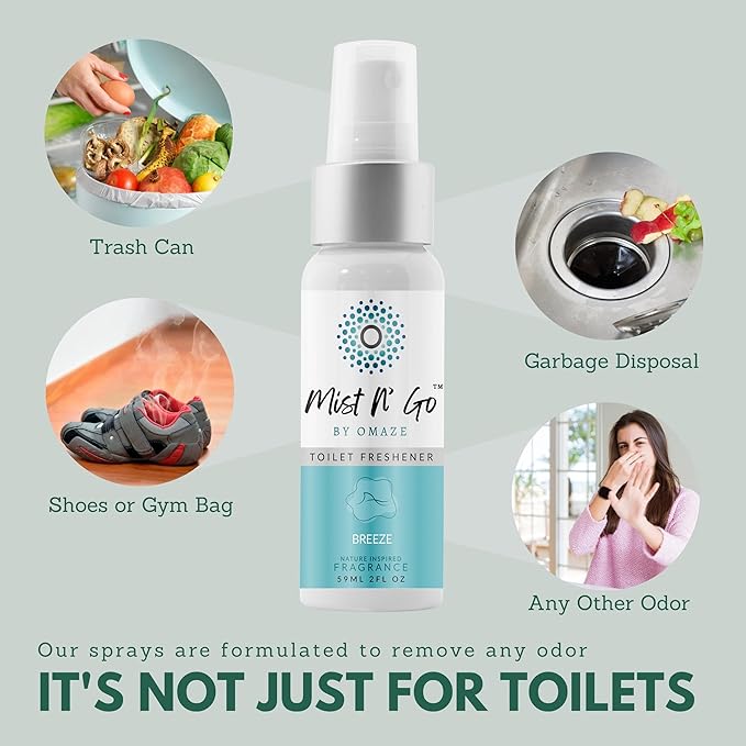 Mist N’ Go by Omaze Travel Bathroom Spray for Toilet Spray Odor Eliminator - Travel Toilet Spray for Bathroom Air Freshener Spray for Bathroom Deodorizer - Popular Mix, Regular Size (2oz x2)