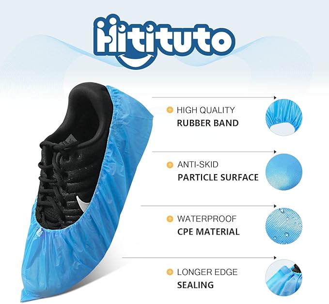 Hitituto Shoe Covers Disposable Non-slip for Indoors -100 Pieces (50 Pairs) Waterproof Premium CPE Booties Shoes Protectors Coverings, fits up to size 11 US Men and 13 US Women, Blue, Large