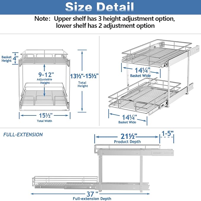 2 Tier Individual Pull Out Cabinet Organizer 15½" W x 21½" D, Heavy Duty Cabinet Pull Out Shelves, Slide Out Drawers Organization for Kitchen Cabinets Bathroom