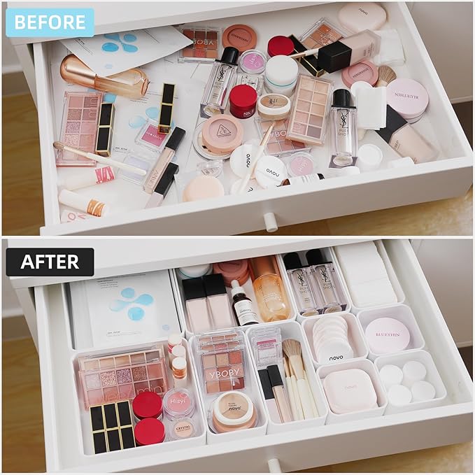 11-Piece Stackable Drawer Organizer Set, Multi-size Desk Drawer Organizer Trays Vanity Storage Bins for Storing Makeup, Stationery, Utensils in Bathroom Dresser, Office and Kitchen