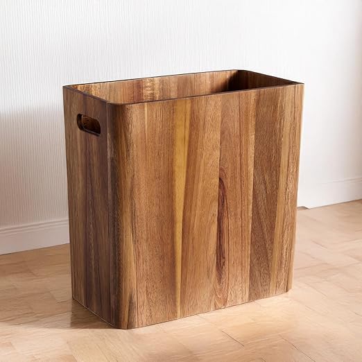 3 Gallons Wooden Wastebaskets, Solid Acacia Wood Waste Basket with Handles, Rectangular Trash Can, Garbage Bin for Bedroom, Bathroom, Kitchen, Living Room, Office Decorative