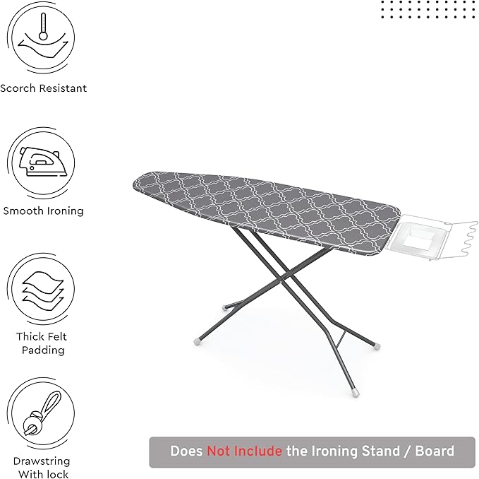 Encasa XO Ironing Board Cover and Pad 57"x22" - Thick 3mm Felt Padding, Drawstring Tightening & Lock, Easy Fit, Scorch & Stain Resistant, Fits X-Large Ironing Board - Grey Tiles