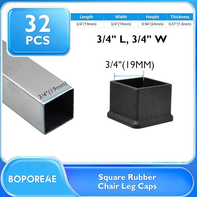 32 Pcs 3/4" x 3/4" Square Rubber Chair Leg Caps, PVC Table Leg Covers, Flexible & Anti-Slip Furniture Leg End Caps, Chair Leg Floor Protectors for Bar Stool Leg Patio Indoor, Black