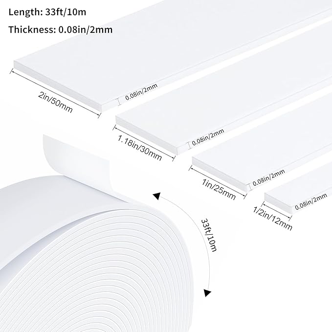 Weather Stripping Door Seal White,Self Adhesive Foam Tape High Density Foam Sealing Strip,Air Conditioner Window Seal,Soundproof Tape Roll(1" W X 1/13" T X 33' L)