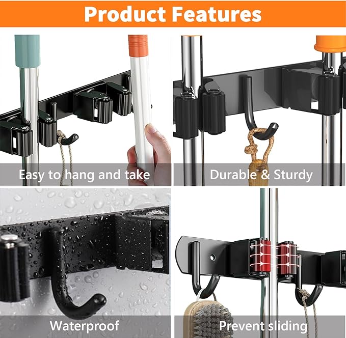 2 Pack Mop and Broom Holder Wall Mount, Non-slip Broom Hanger Wall Mount, Heavy Duty Mop Broom Organizer for Kitchen Garden Garage Laundry Room Wall Decor Organization and Storage Black 4R5H