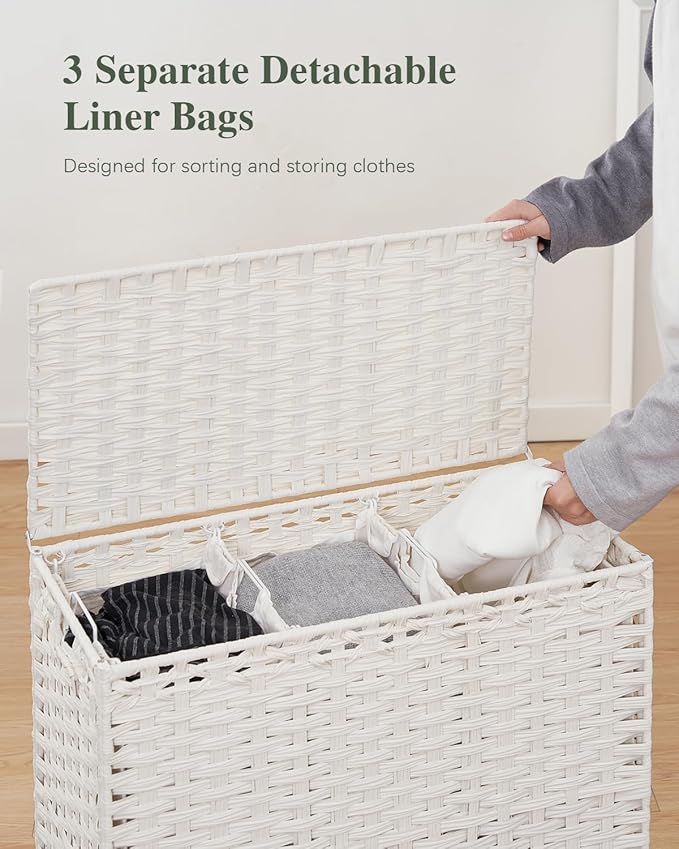 Laundry Hamper with Lid 132 L, (35 Gallons) Clothes Hamper with Lid, Handwoven Rattan Laundry Hamper with Metal Heightened Feet, Laundry Hampers with 3 Removable Liner Bags for Laundry-White