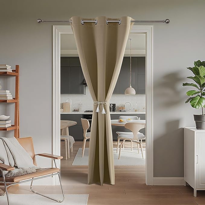 Joydeco Blackout Door Curtain for Doorway Privacy 72 Inches Long, Grommet Closet Curtain for Open Closet, Room Divider for Bedroom Living Room (Light Beige, 52Wx72L, 1 Panel)