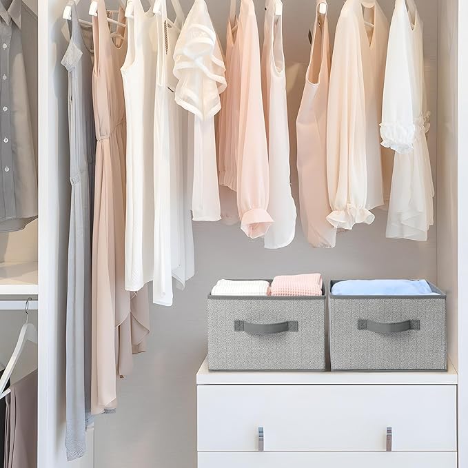 Storage Baskets, 11-Inch Woven Fabric Bins, Storage Cubes with Reinforced Handles, Organizer Bins for Closet Shelves, Foldable, for Toys, Clothes, Natural Beige (3PCS/Grey-11*11*7.8inch)