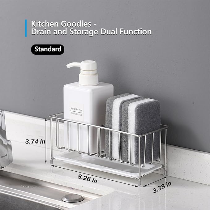 Kavciva Sink Caddy Sponge Holder,304 Stainless Steel Dish Brush Holder,Kitchen Countertop Sink Rack,Dish Soap Holder,Dishwashing Tool Drying Tray with Adjustable Partitions,Essential Kitchen Shelves